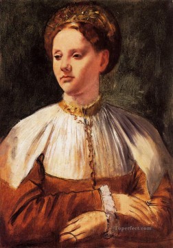 portrait of a seated woman holding a fan Painting - portrait of a young woman after bacchiacca 1859 Edgar Degas